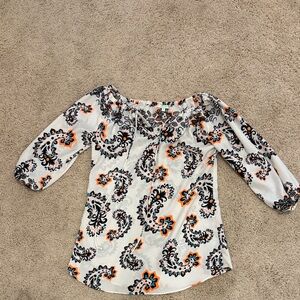 Jade Women's Blouse - White, Black, and Orange Paisley